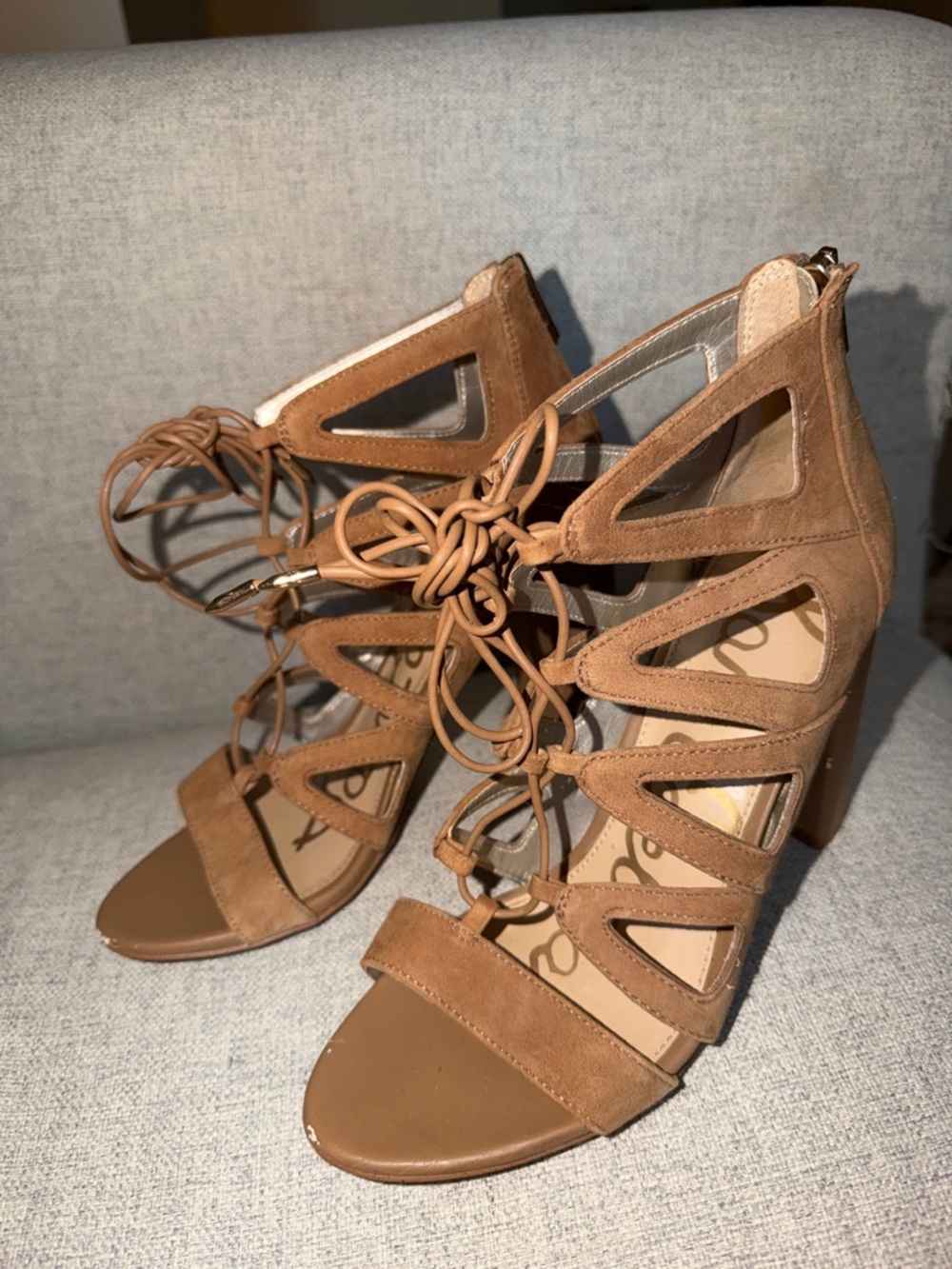 Sam Edelman Tan Suede Lace-Up Cutout Block Heel Sandals